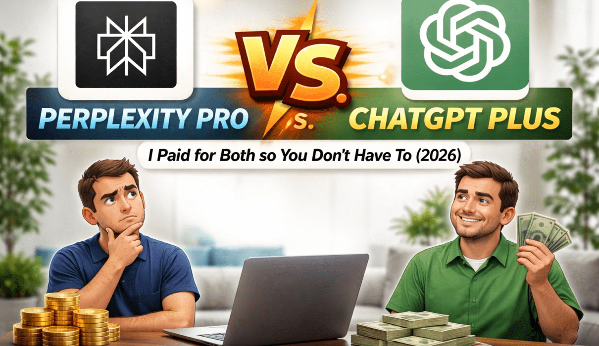 Featured image comparing Perplexity Pro vs ChatGPT Plus, showing both official logos and a user evaluating which AI subscription offers better value in 2026.