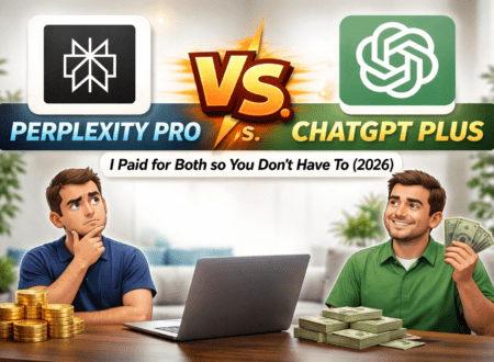 Featured image comparing Perplexity Pro vs ChatGPT Plus, showing both official logos and a user evaluating which AI subscription offers better value in 2026.