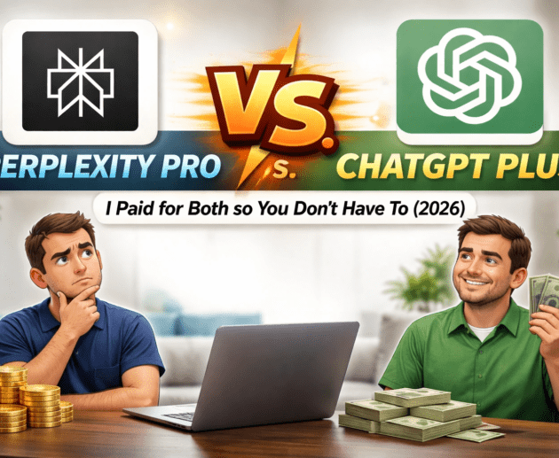 Featured image comparing Perplexity Pro vs ChatGPT Plus, showing both official logos and a user evaluating which AI subscription offers better value in 2026.