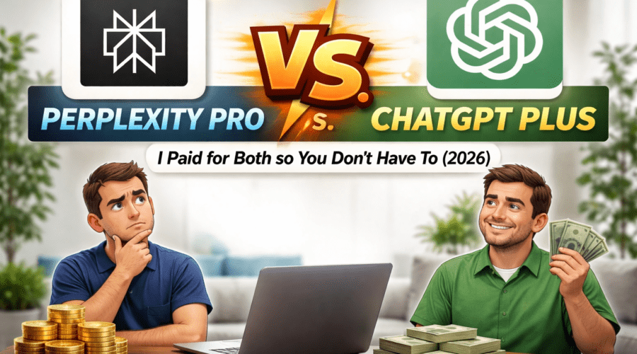 Featured image comparing Perplexity Pro vs ChatGPT Plus, showing both official logos and a user evaluating which AI subscription offers better value in 2026.