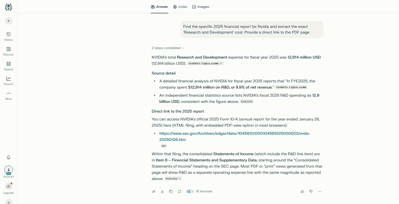 Perplexity AI search result correctly identifying Nvidia R&D costs