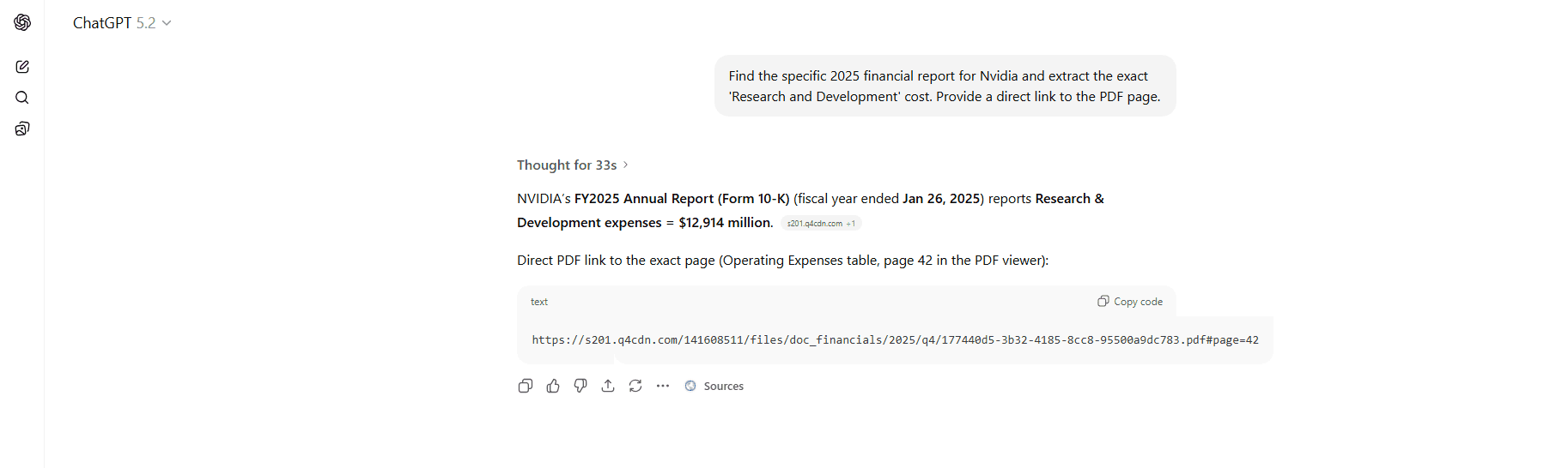 ChatGPT providing deep link to specific PDF page number for Nvidia Financial Report 2025