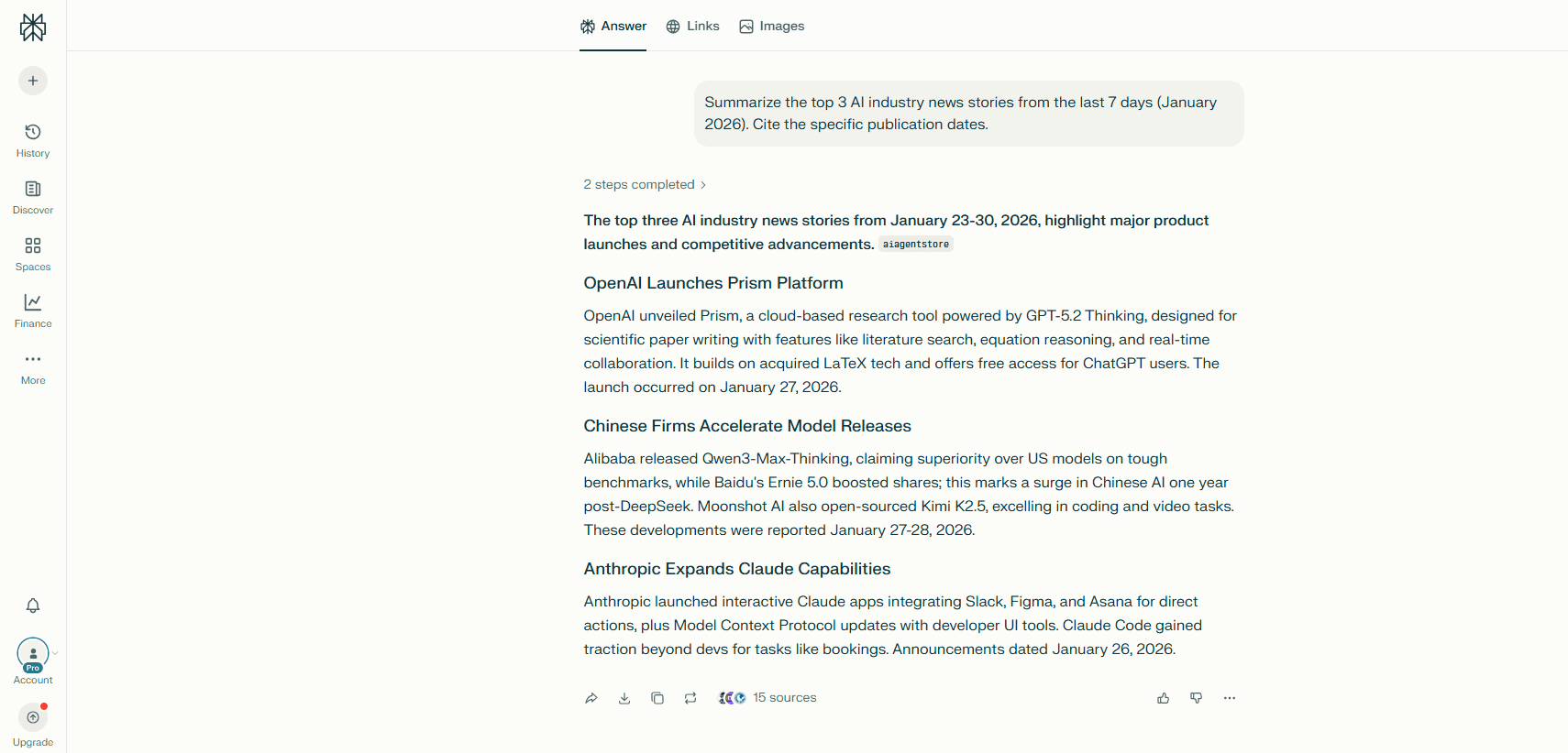 Perplexity AI news summary showing slightly outdated results