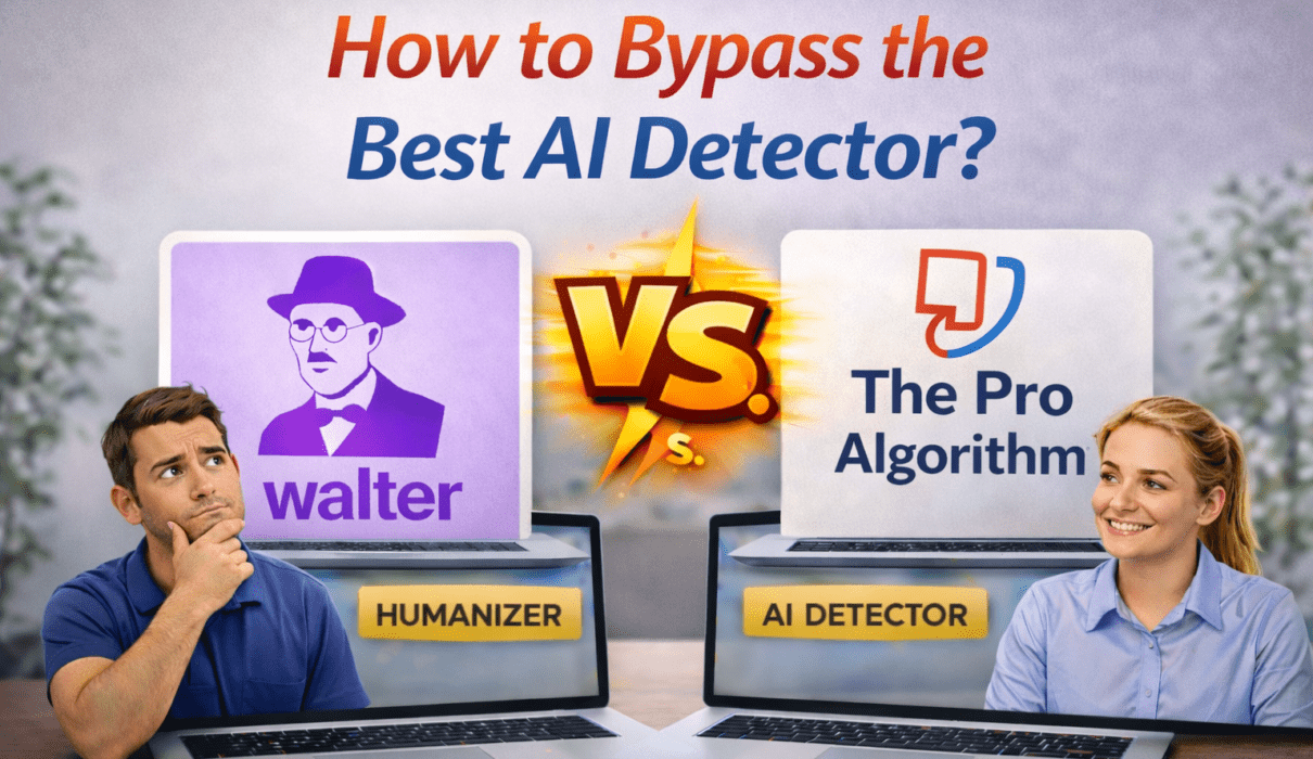 Featured image comparing AI detectors for Turnitin in 2026, showing Walter Writes versus The Pro Algorithm with their official logos displayed on laptop screens, a bold ‘VS’ graphic in the center, and two people analyzing the tools in a realistic workspace setting.