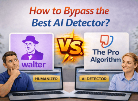 Featured image comparing AI detectors for Turnitin in 2026, showing Walter Writes versus The Pro Algorithm with their official logos displayed on laptop screens, a bold ‘VS’ graphic in the center, and two people analyzing the tools in a realistic workspace setting.