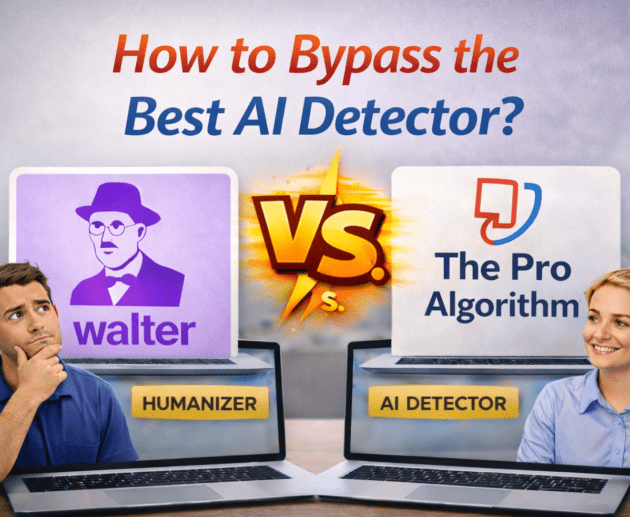 Featured image comparing AI detectors for Turnitin in 2026, showing Walter Writes versus The Pro Algorithm with their official logos displayed on laptop screens, a bold ‘VS’ graphic in the center, and two people analyzing the tools in a realistic workspace setting.