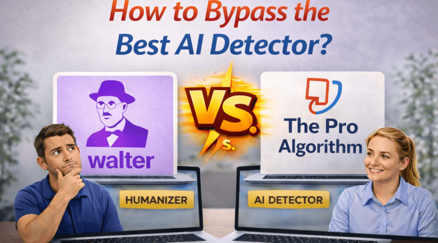 Featured image comparing AI detectors for Turnitin in 2026, showing Walter Writes versus The Pro Algorithm with their official logos displayed on laptop screens, a bold ‘VS’ graphic in the center, and two people analyzing the tools in a realistic workspace setting.