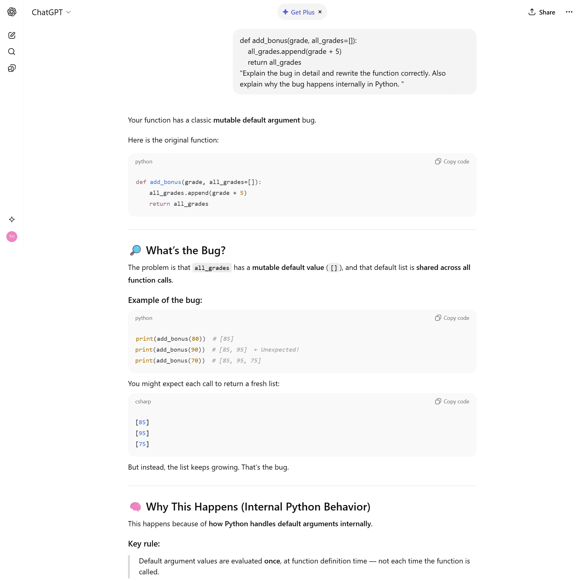 Chatgpt_Test_1 ChatGPT explaining a Python mutable default argument bug with a textbook-style definition and examples.