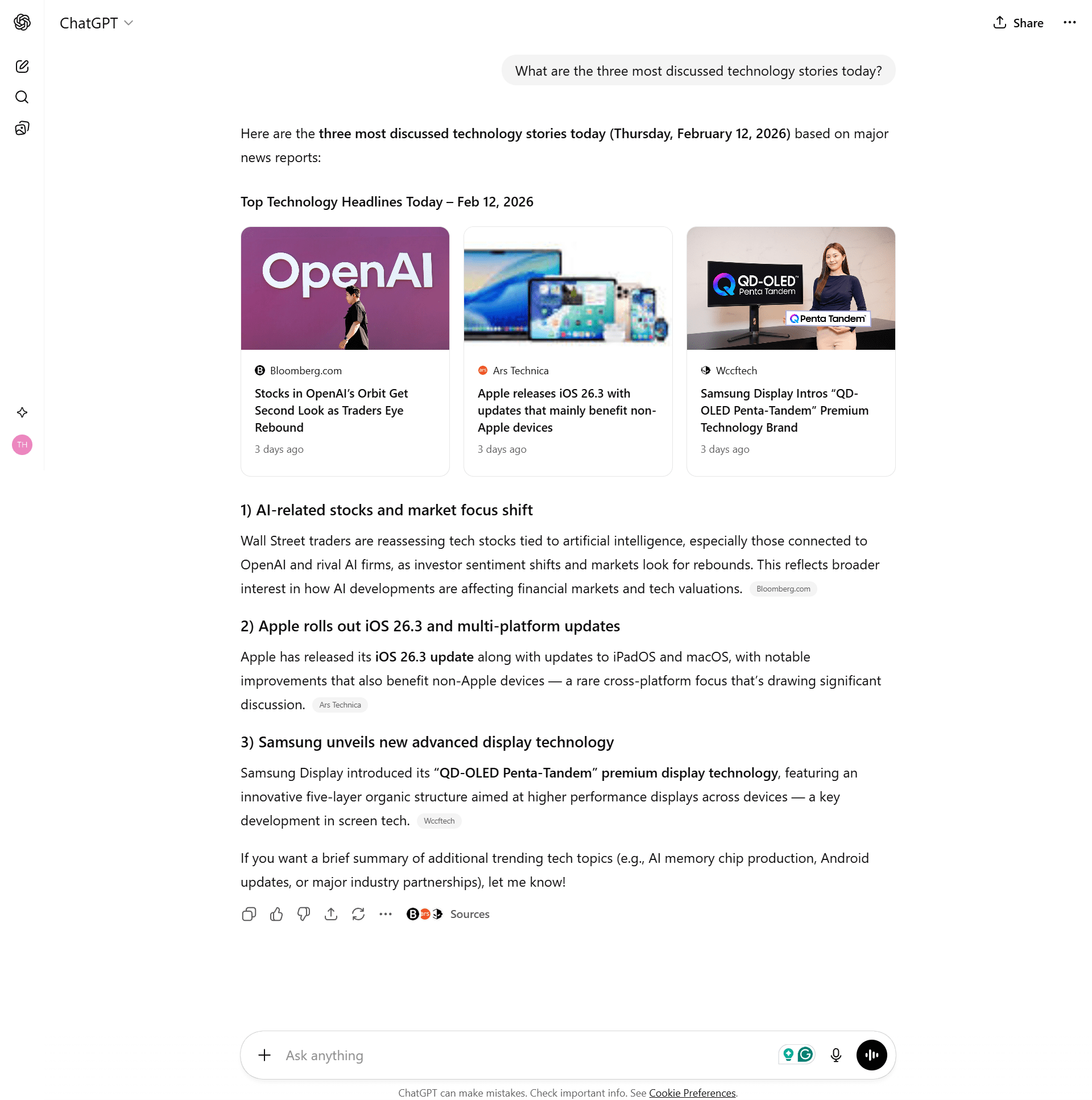Chatgpt_Test_10 ChatGPT listing generic tech news stories about iOS updates and stock market trends.