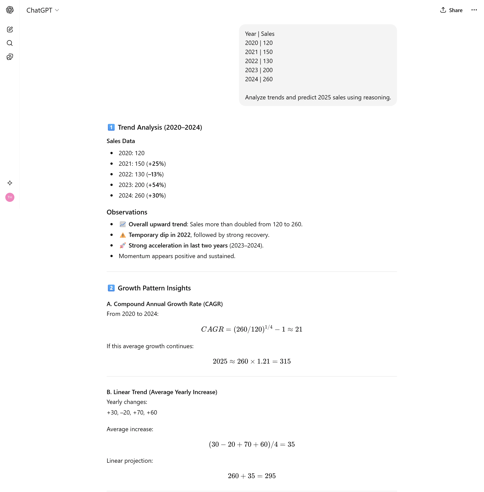 Chatgpt_Test_11 ChatGPT predicting 2025 sales using a basic linear trend line on a dataset.