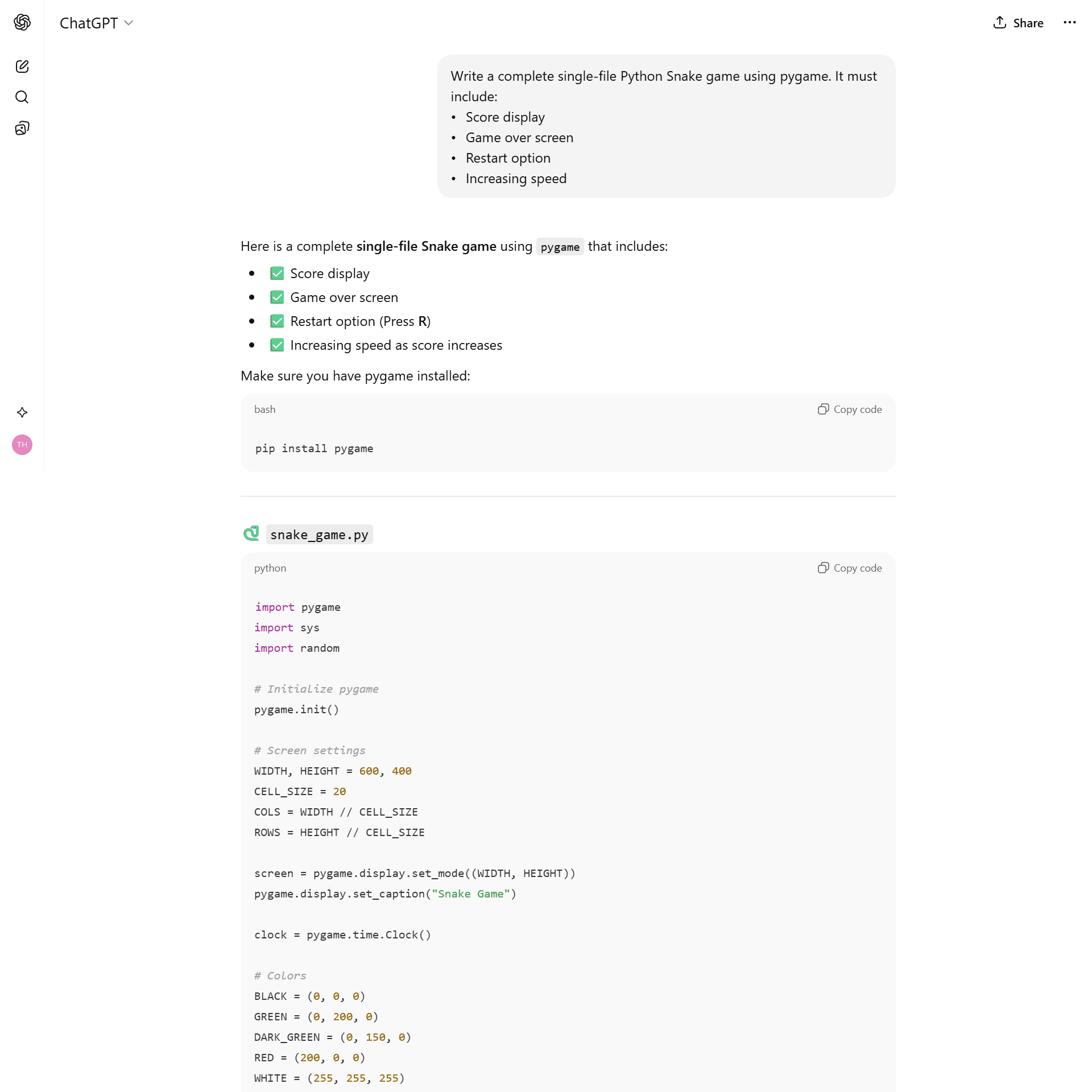 Chatgpt_Test_12 ChatGPT Python code for a Snake game showing a single large main function with a recursive restart flaw.