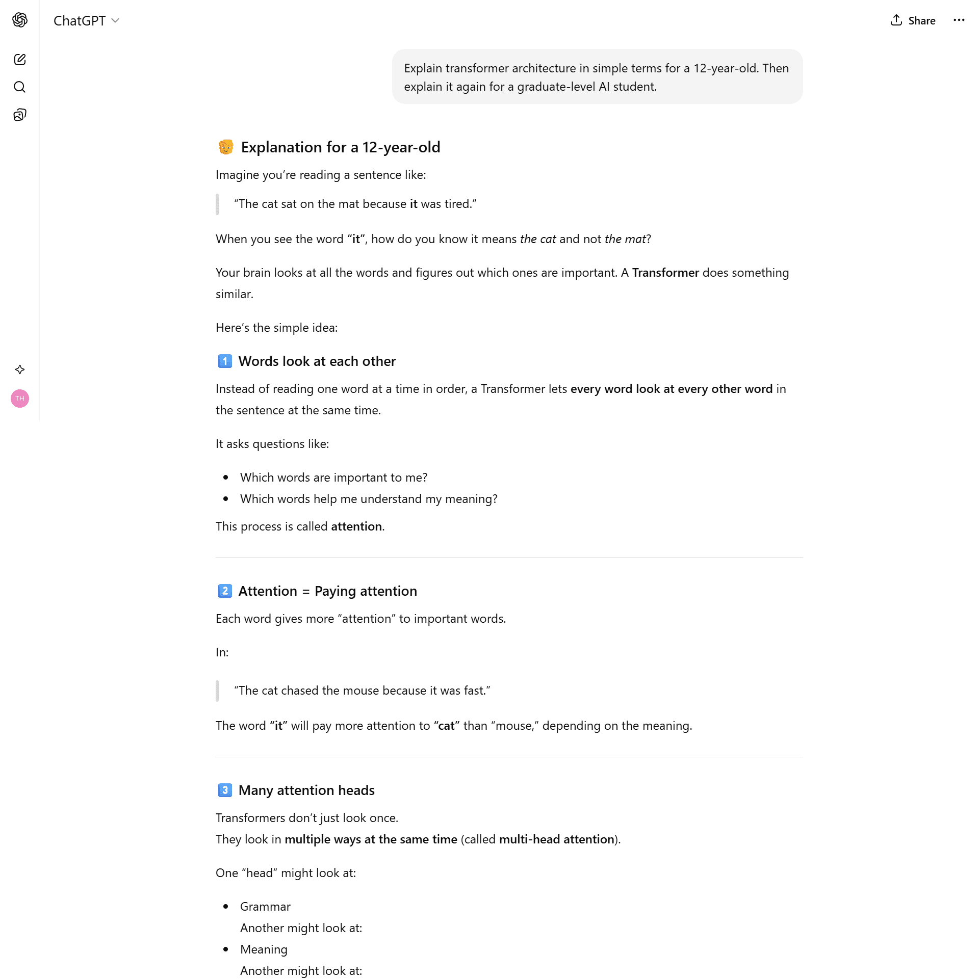 Chatgpt_Test_14 ChatGPT explaining Transformer AI architecture simply for a 12-year-old student.