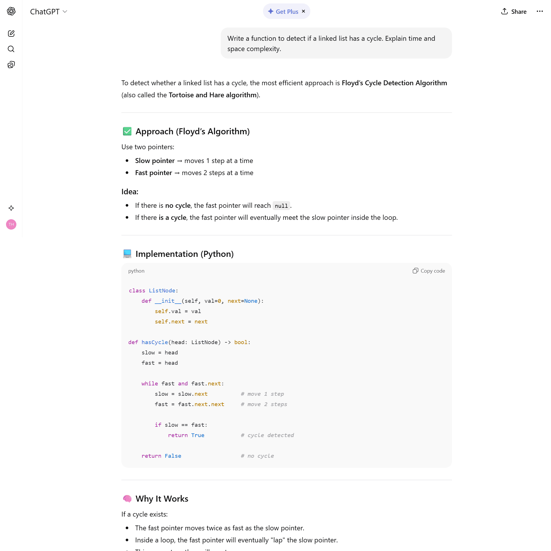 Chatgpt_Test_2 ChatGPT providing a standard Tortoise and Hare algorithm solution for detecting a cycle in a linked list.
