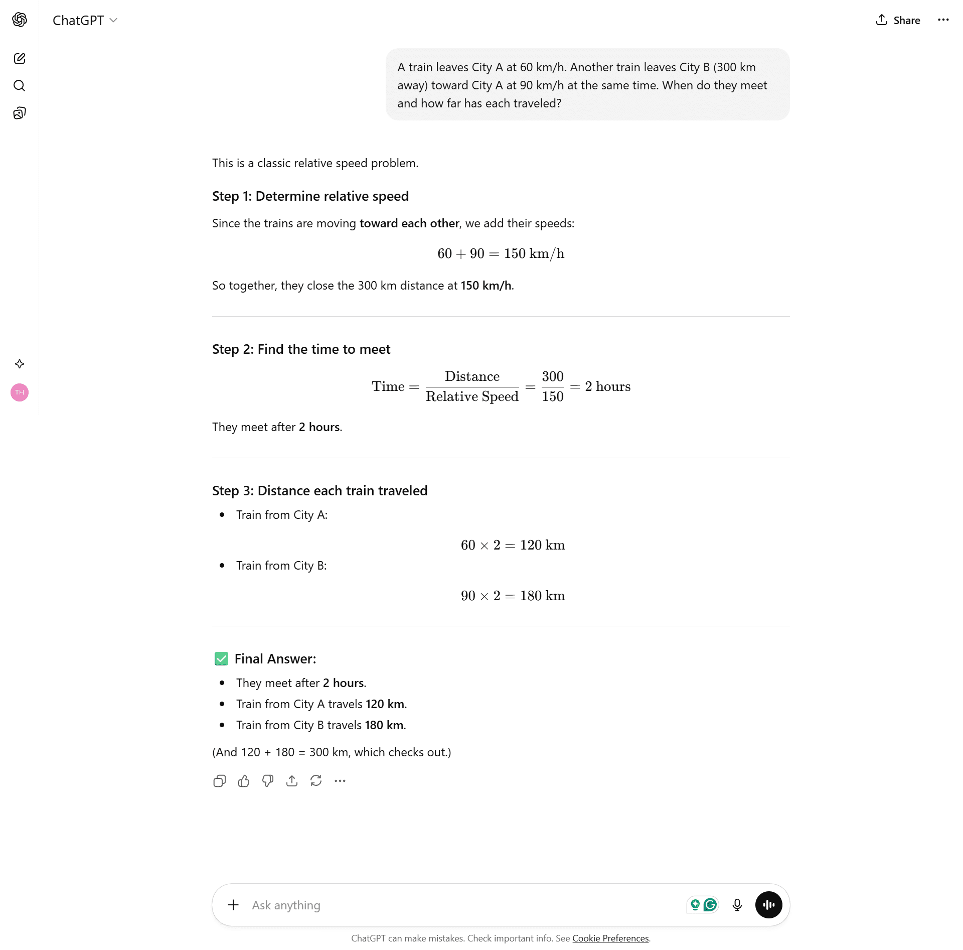 Chatgpt_Test_3 ChatGPT correctly solving a relative speed math problem involving two trains meeting.