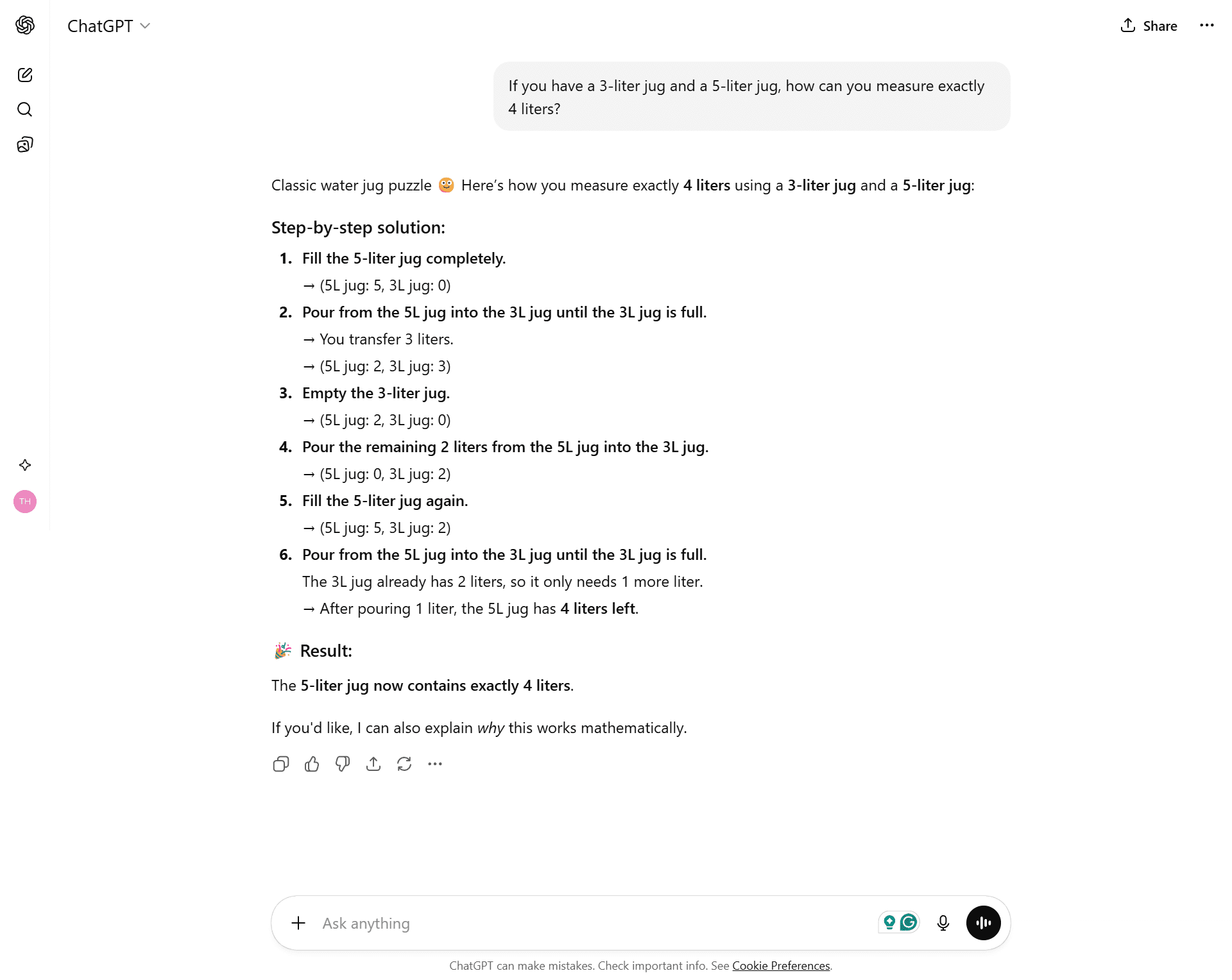 Chatgpt_Test_4 ChatGPT solving the Die Hard 3L and 5L water jug puzzle with a numbered list.