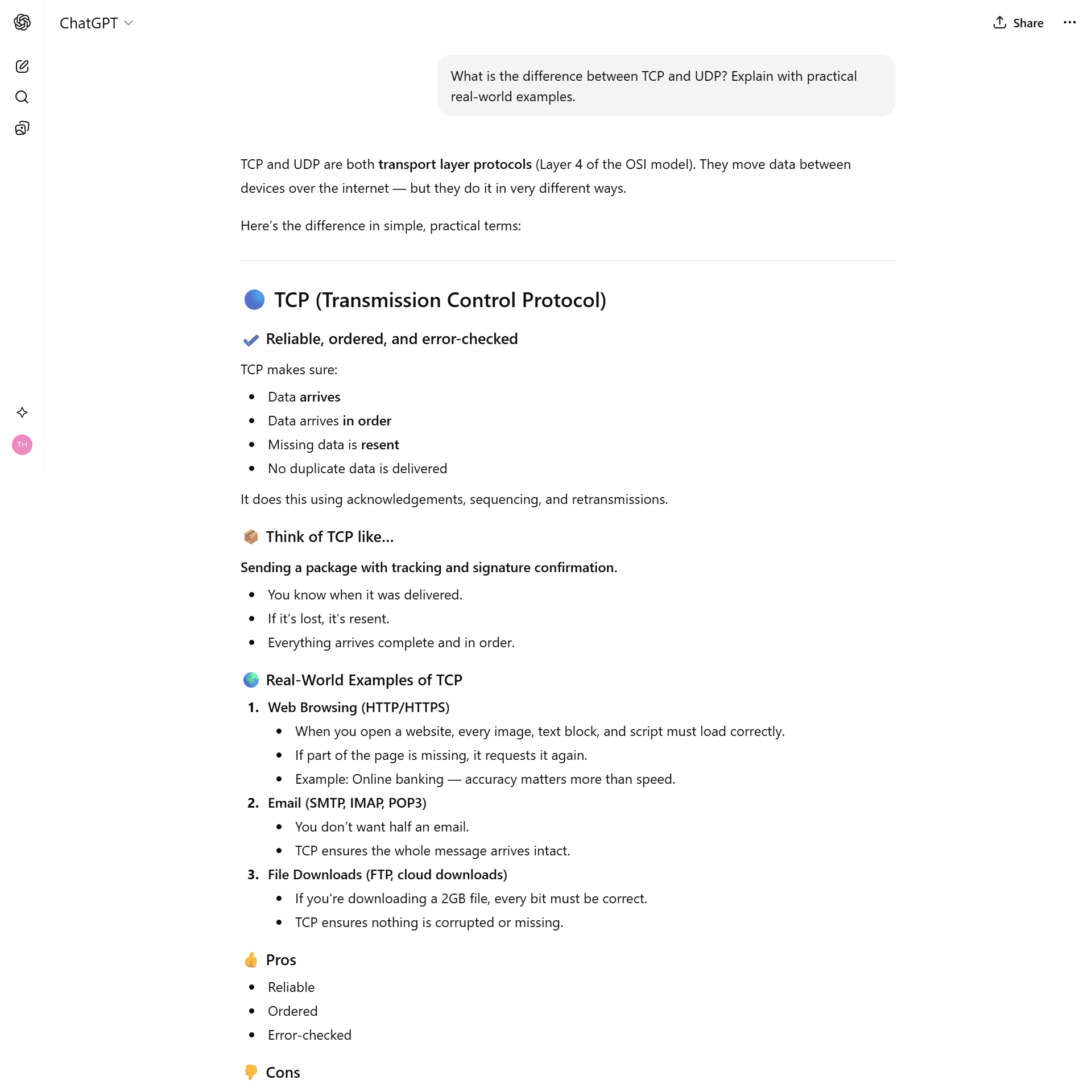 Chatgpt_Test_6 ChatGPT explaining the difference between TCP and UDP using generic email and video streaming examples.