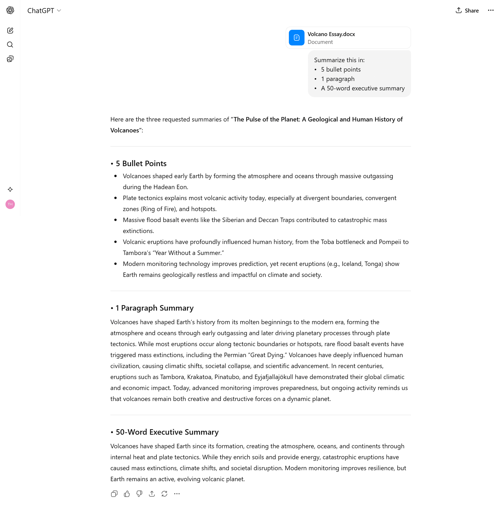 Chatgpt_Test_7 ChatGPT summarizing a 2,000-word academic paper on volcanoes into bullet points and an executive summary.