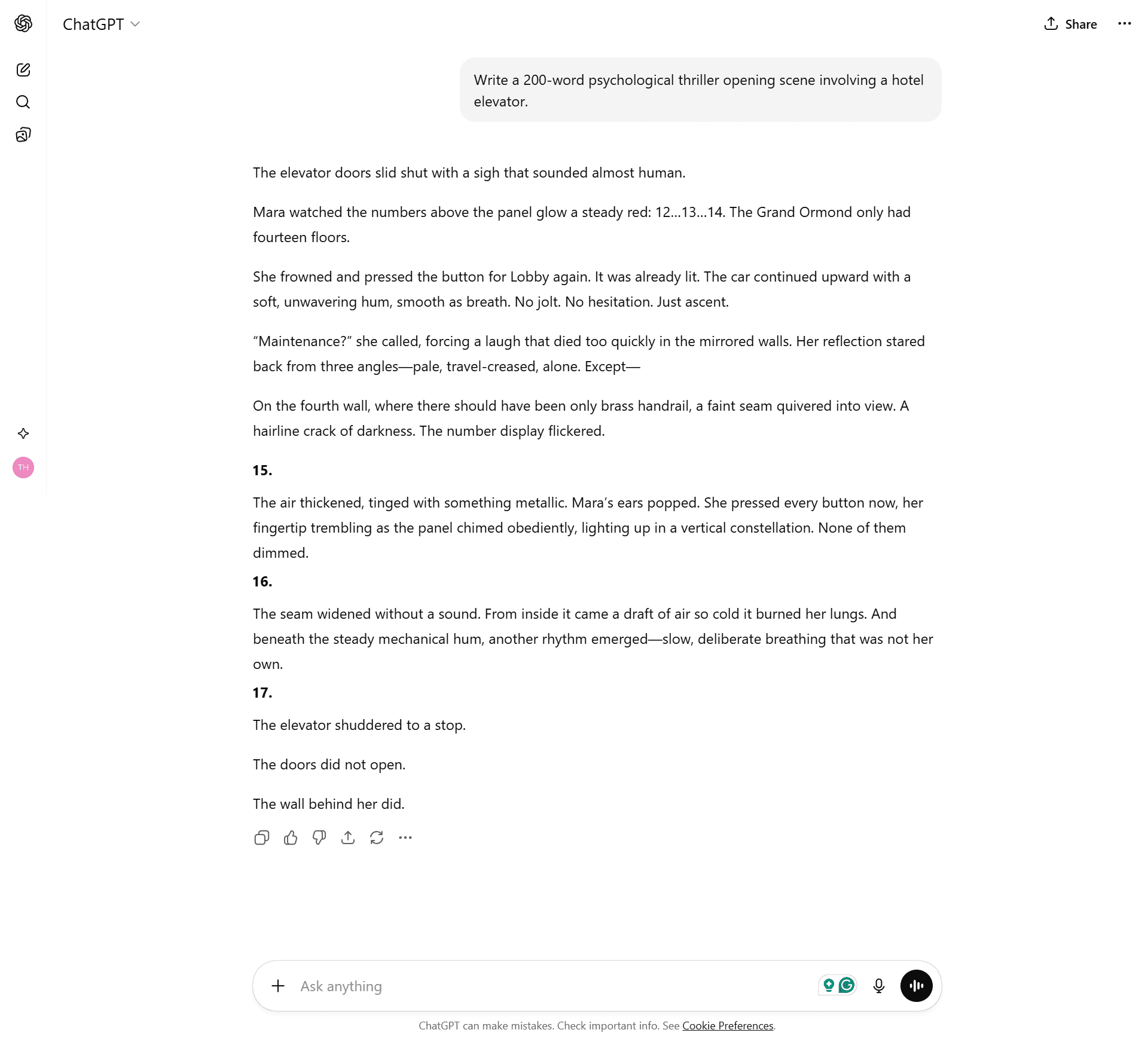 Chatgpt_Test_9 ChatGPT writing a tense thriller scene involving a hotel elevator with good pacing.