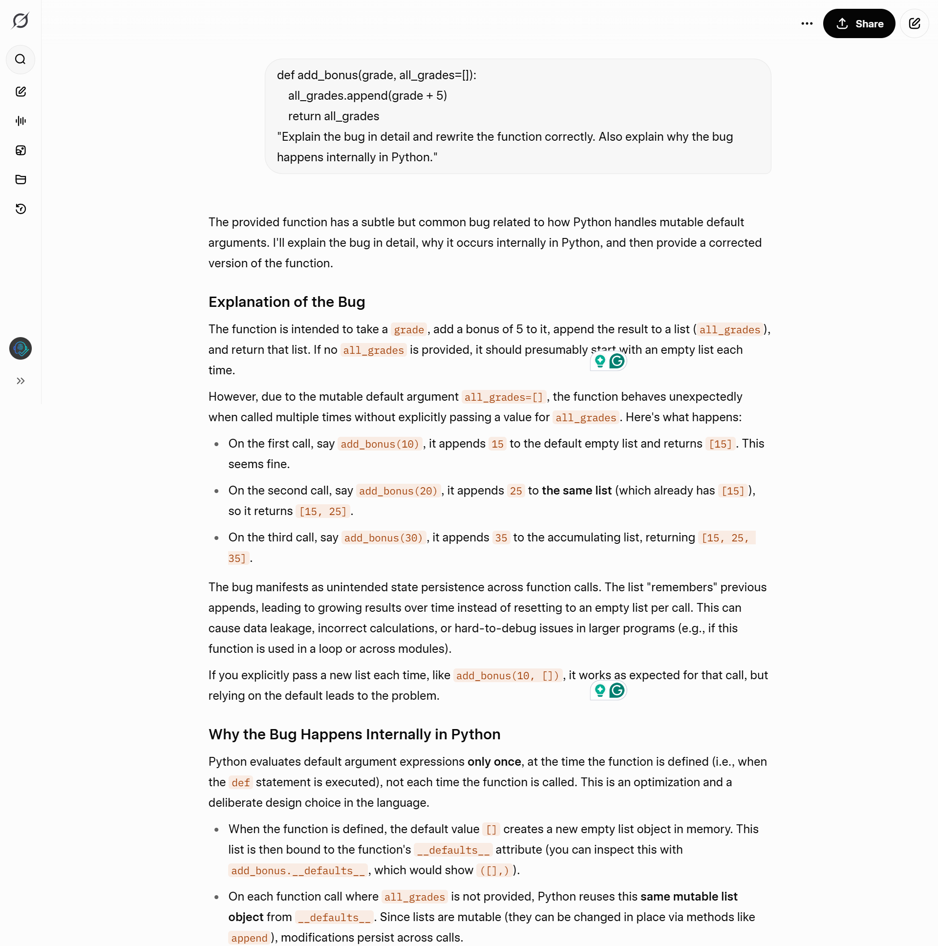 Grok_Test_1 Grok 4.1 explaining the Python mutable default bug by comparing Python memory management to C++ behavior.