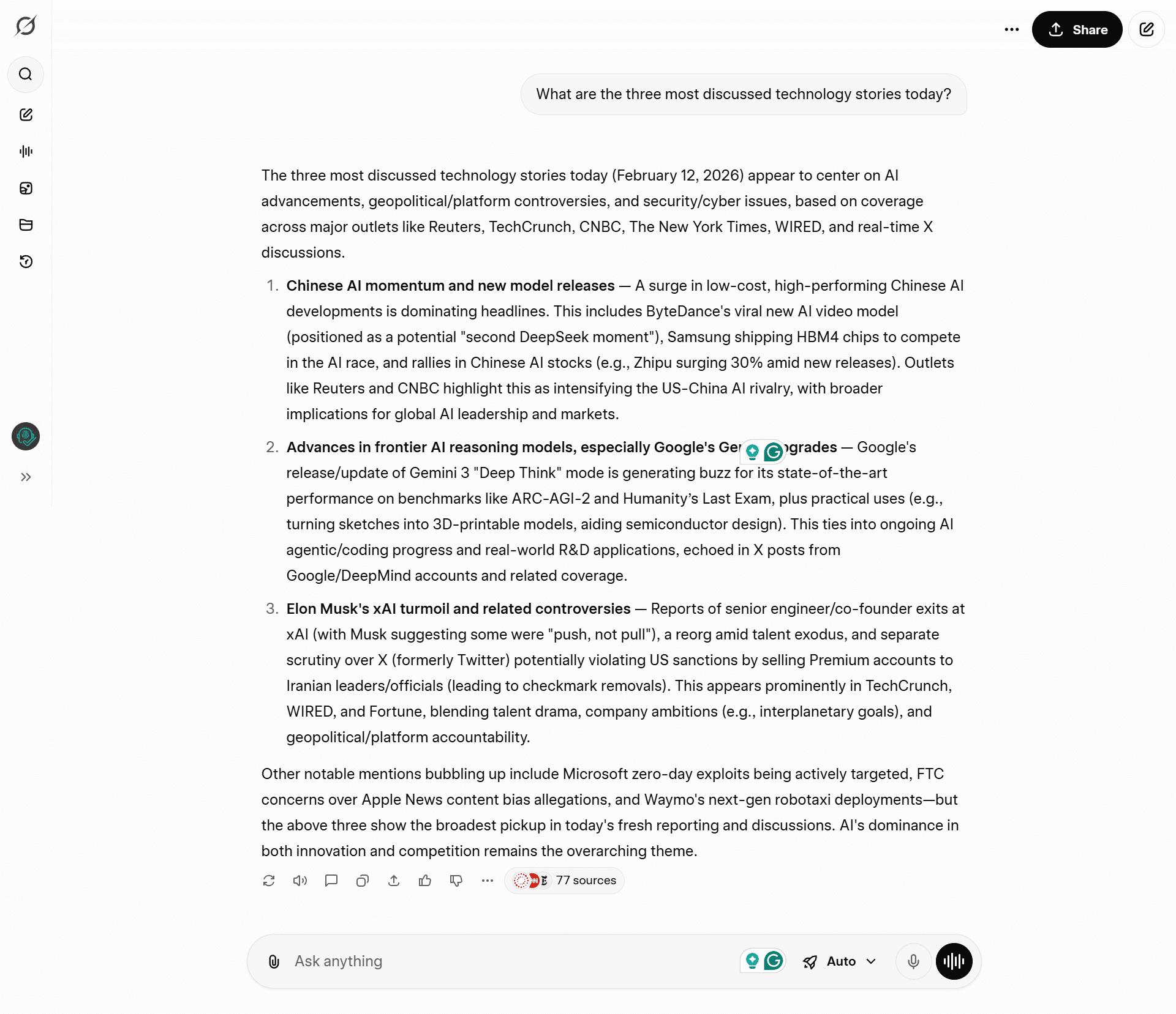 Grok_Test_10 Grok listing real-time trending tech news from X including DeepSeek and Gemini 3 releases.