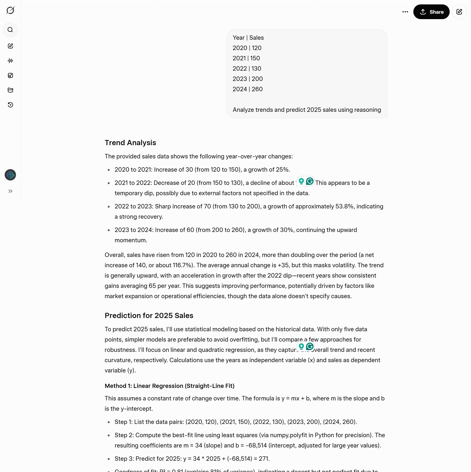 Grok_Test_11 Grok predicting 2025 sales using a quadratic regression model to account for accelerating growth.