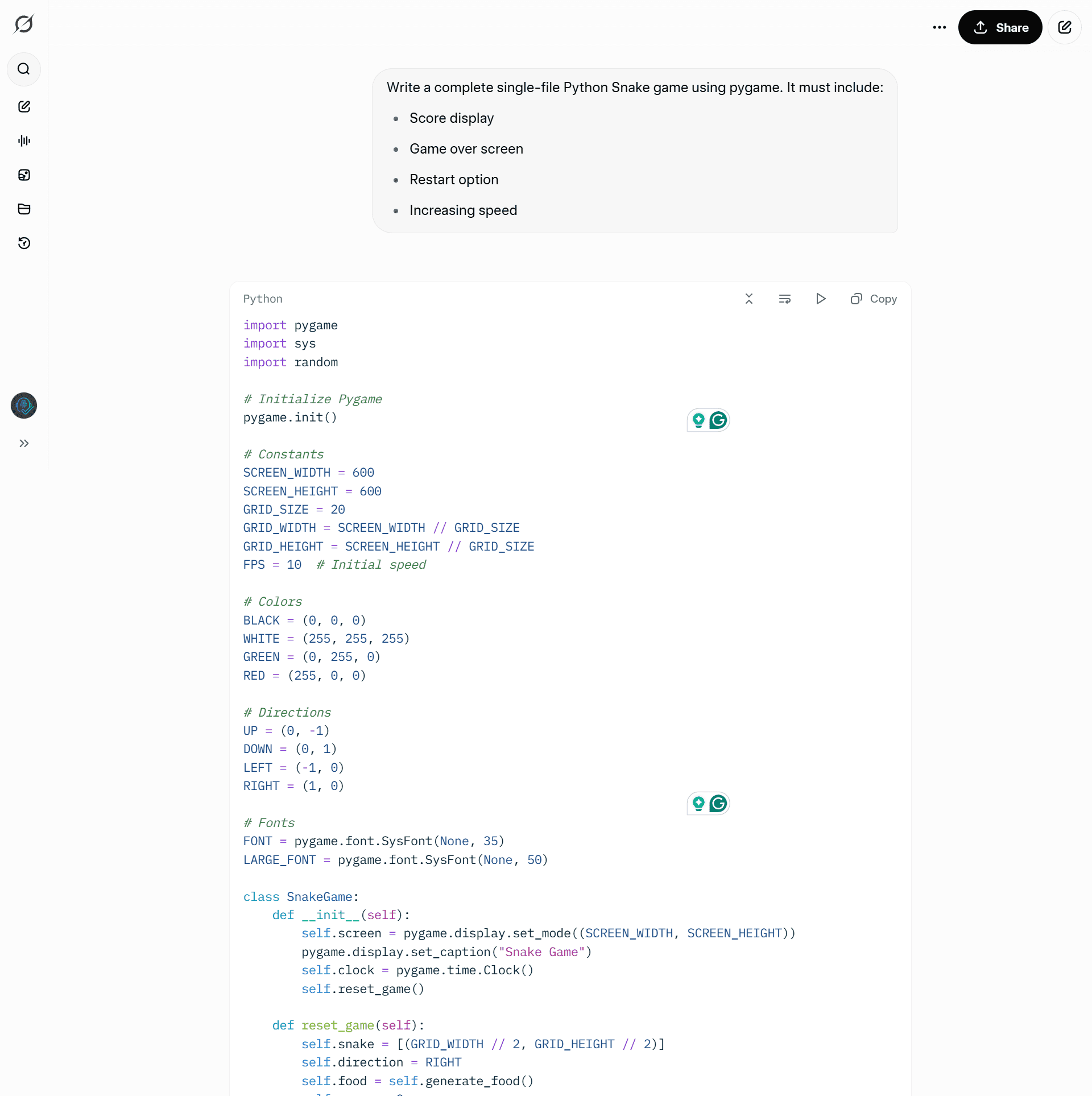 Grok_Test_12 Grok Python code for a Snake game showing a clean Object-Oriented structure with a dedicated Game Class.