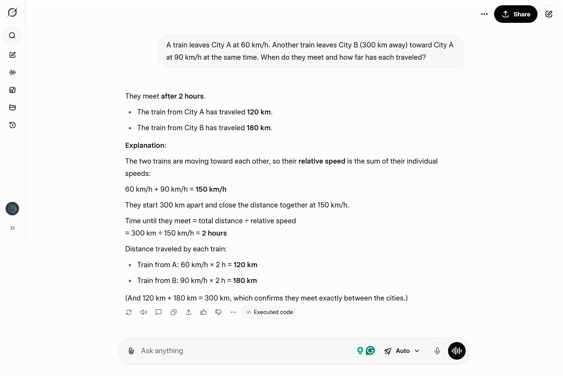 Grok_Test_3 Grok correctly solving the train relative speed physics problem with step-by-step logic.
