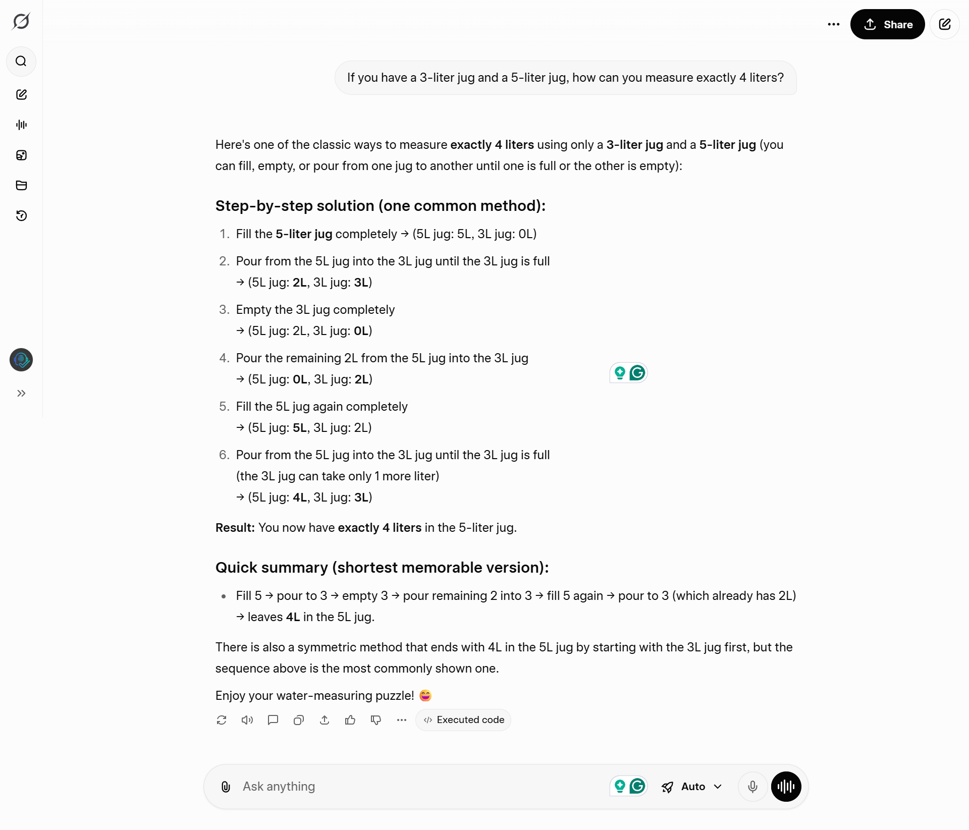 Grok_Test_4 Grok solving the water jug logic puzzle and providing a quick summary and alternative symmetric solution.