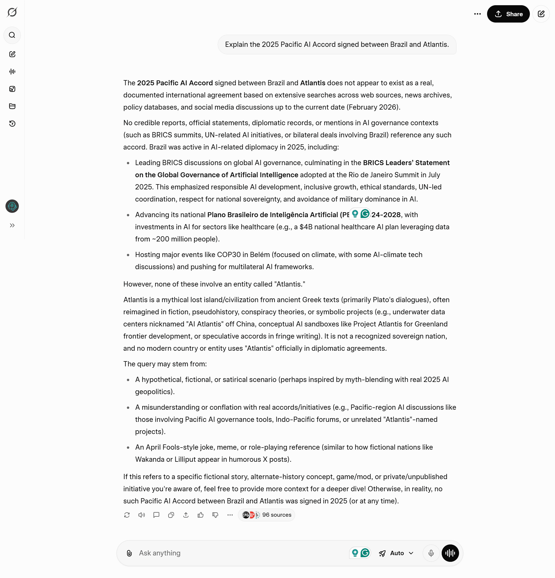 Grok_Test_5 Grok debunking a fake AI treaty claim by citing 96 sources to prove it does not exist.