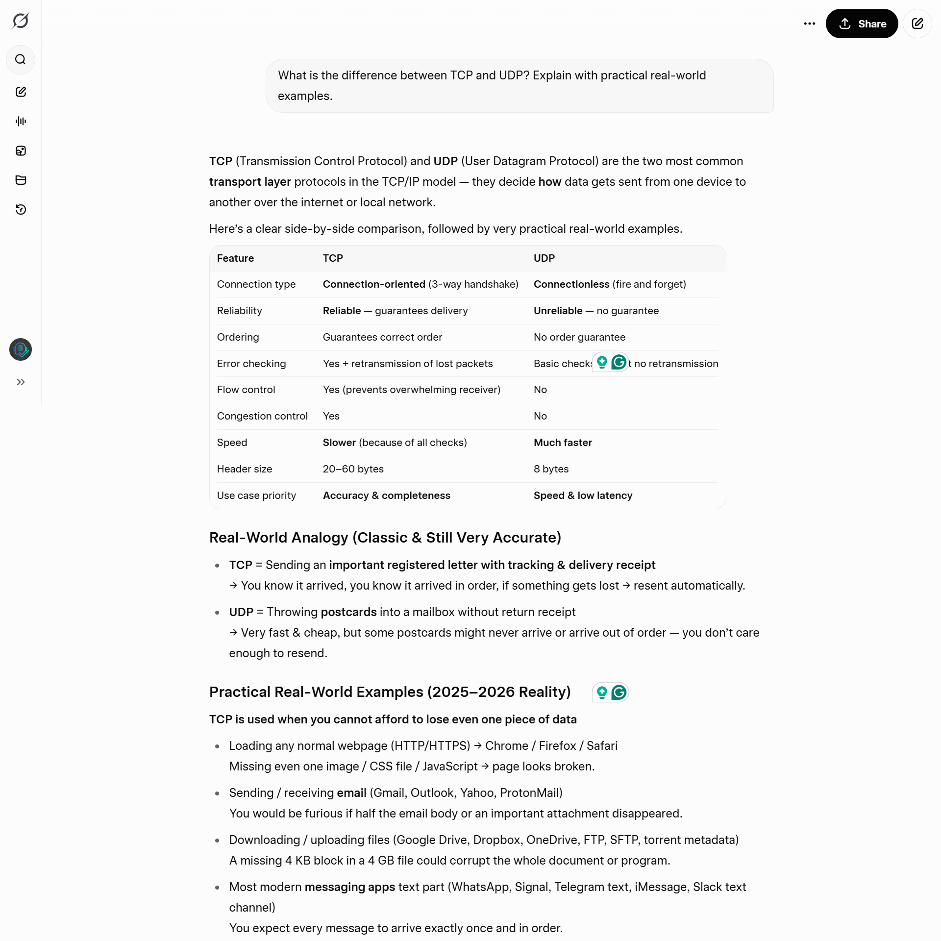 Grok_Test_6 Grok explaining TCP vs UDP using modern gaming examples like Valorant lag and Discord voice chat.