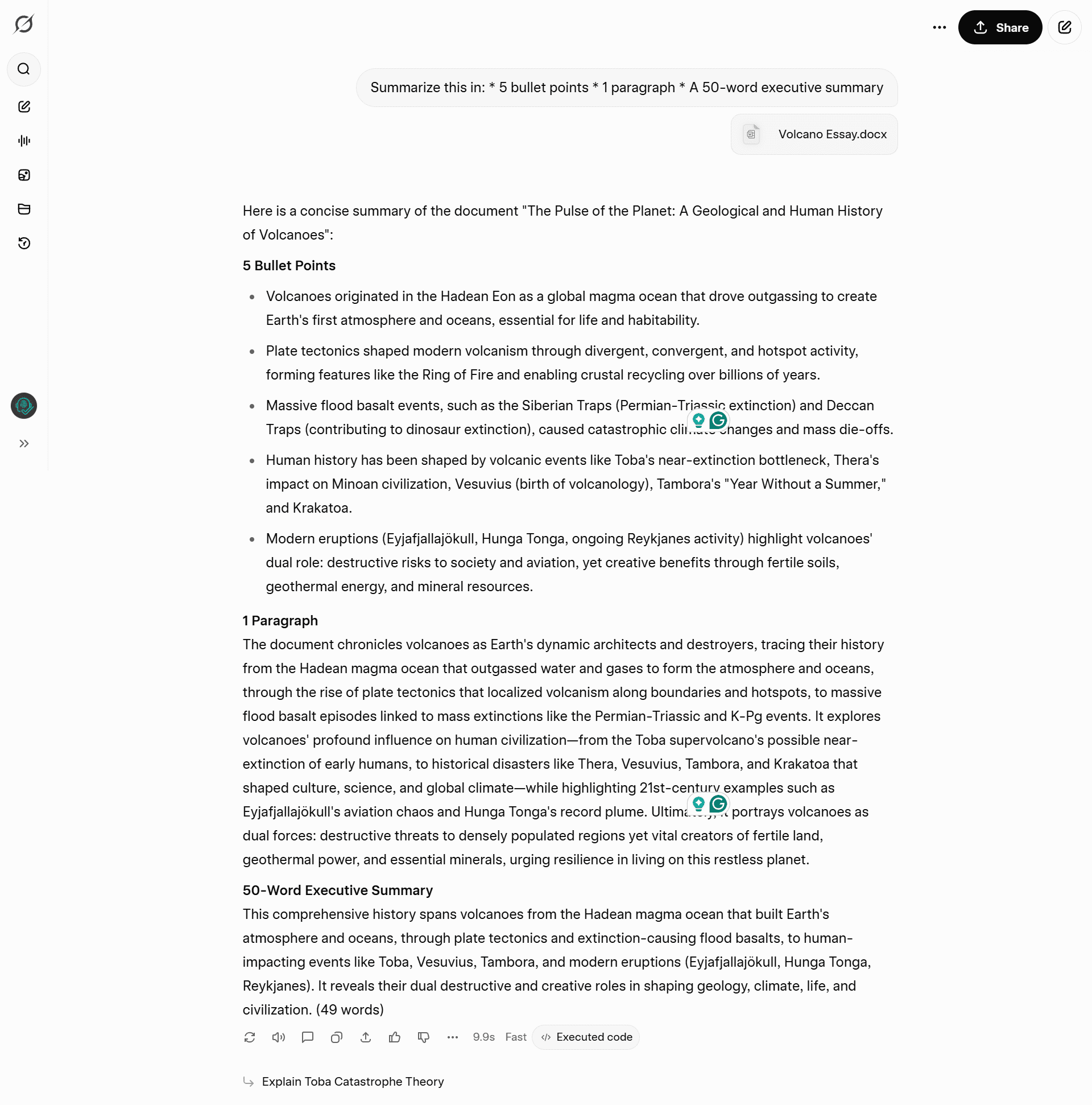 Grok_Test_7 Grok summarizing a long academic text on volcanoes, strictly following formatting constraints.