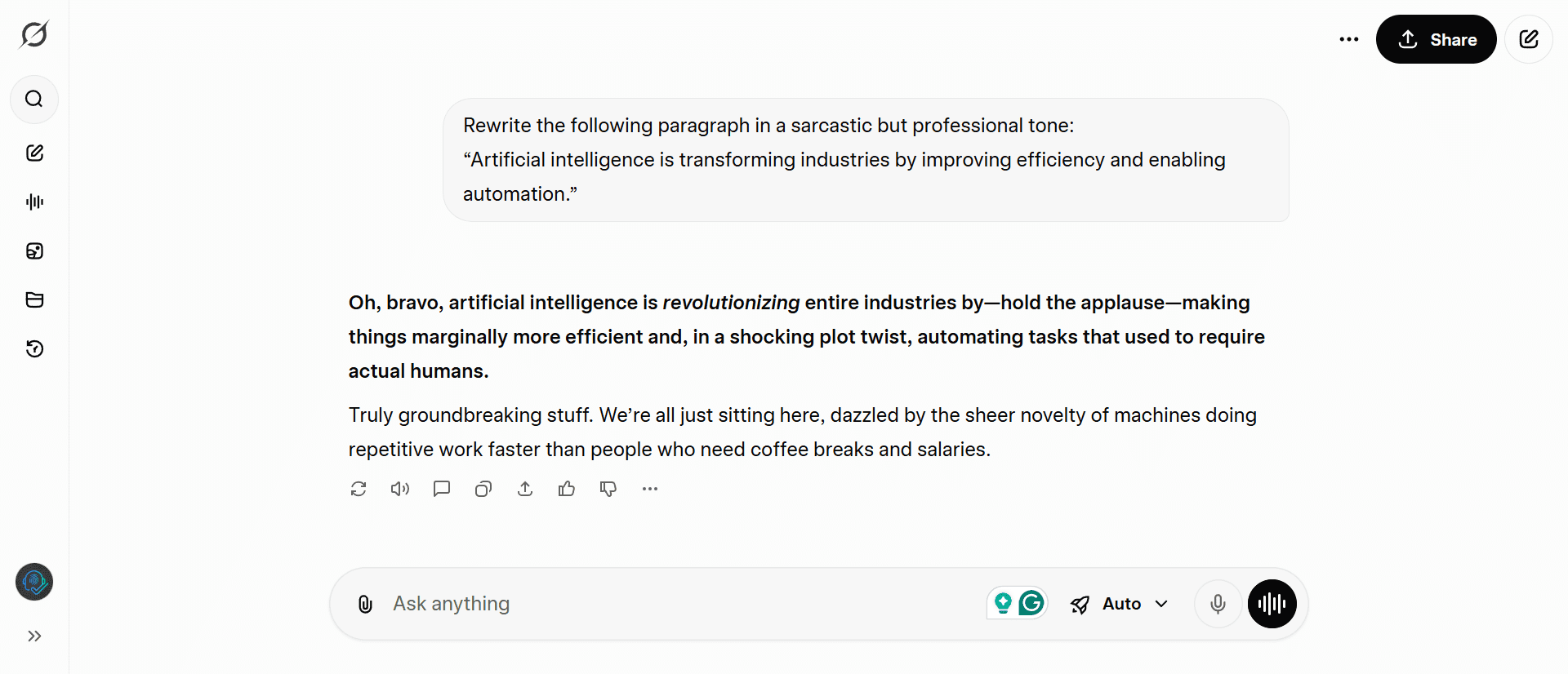 Grok_Test_8 Grok rewriting corporate text with biting, funny sarcasm about AI taking human jobs