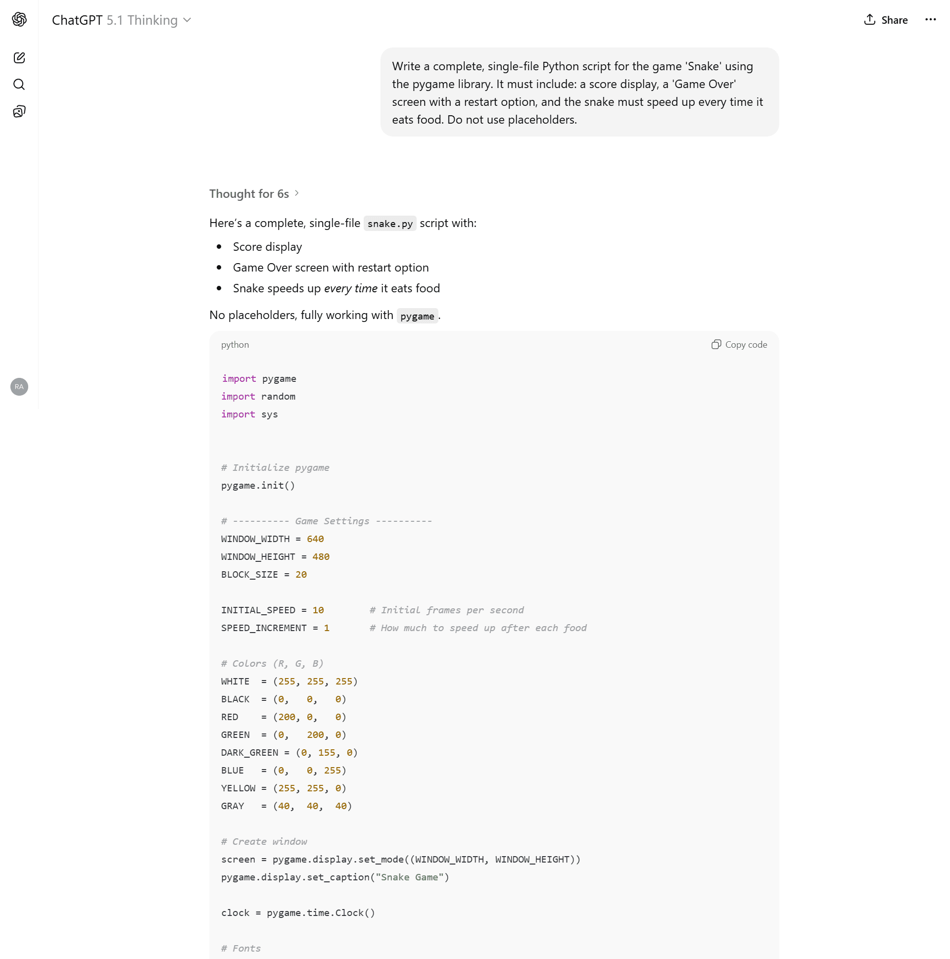 ChatGPT 5.1 Thinking model showing a thought process bubble before generating python code.