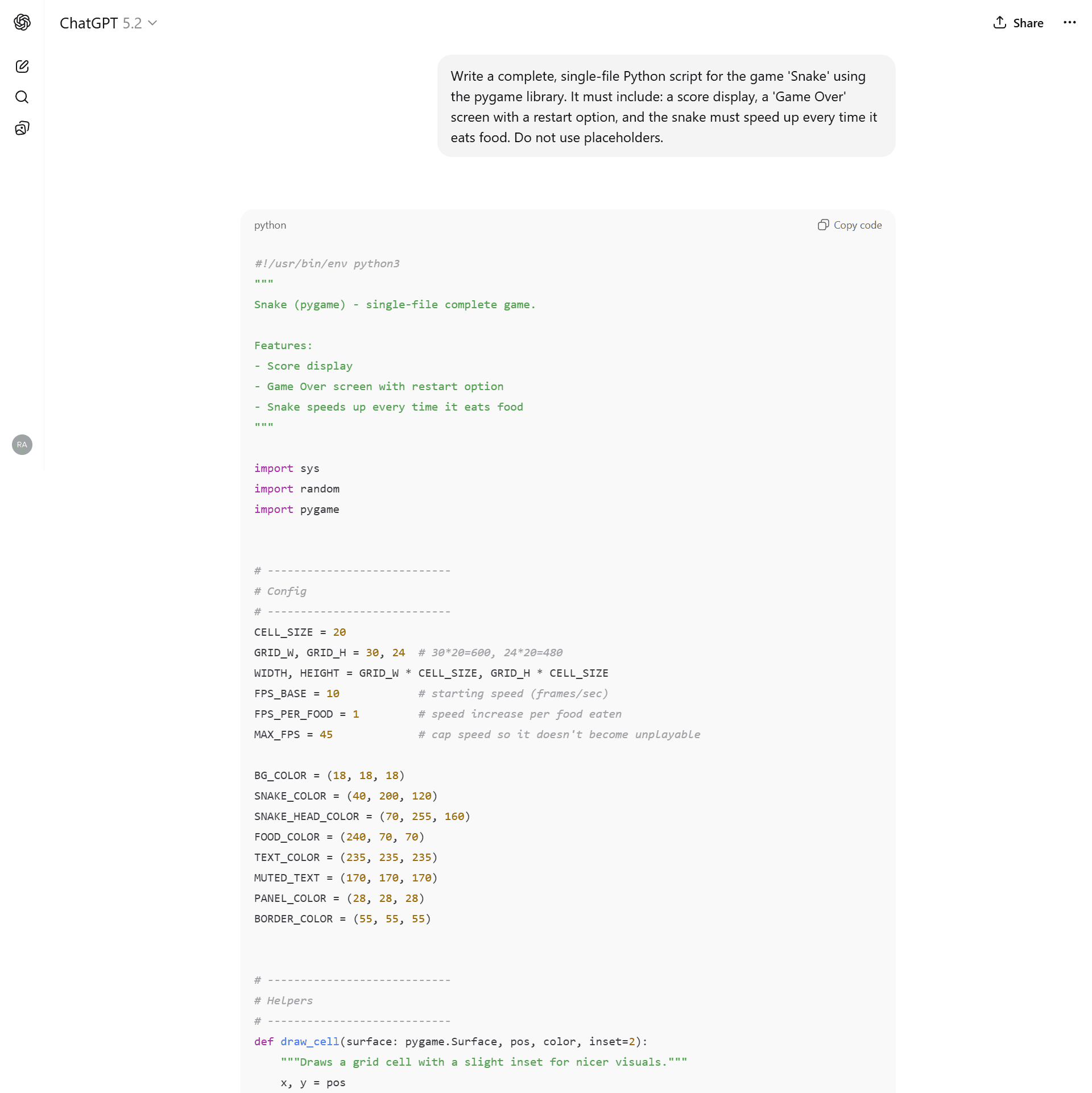 ChatGPT 5.2 Auto mode generating clean, structured python code for a snake game using the pygame library.