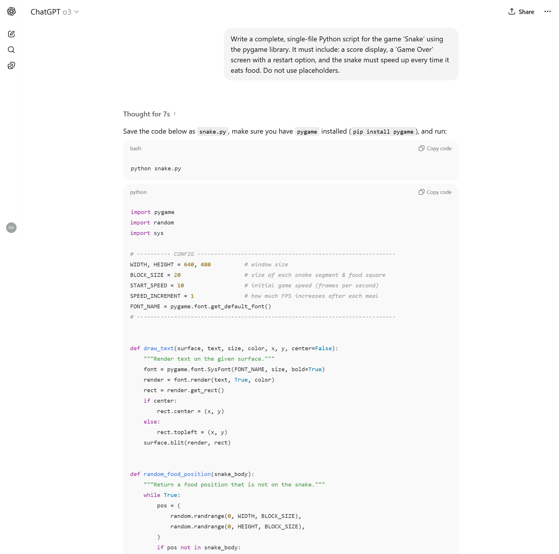 ChatGPT o3 model output showing clean but outdated python code for a snake game without modern UI features.