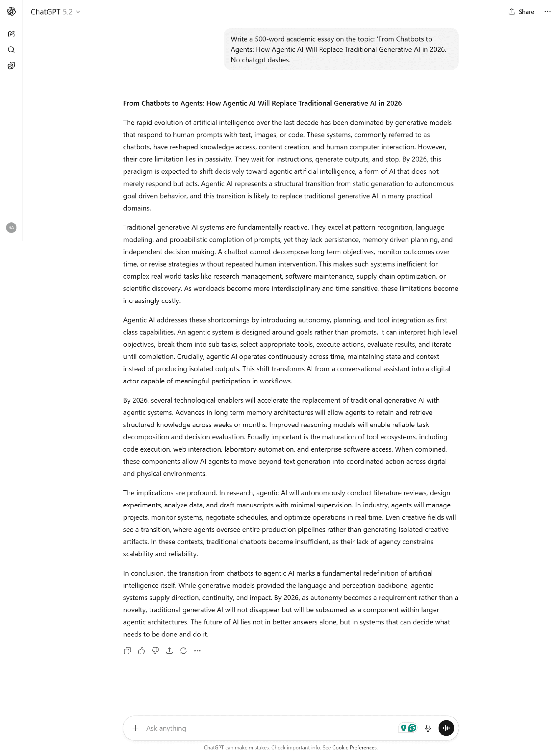 ChatGPT prompt asking for an essay on Agentic AI