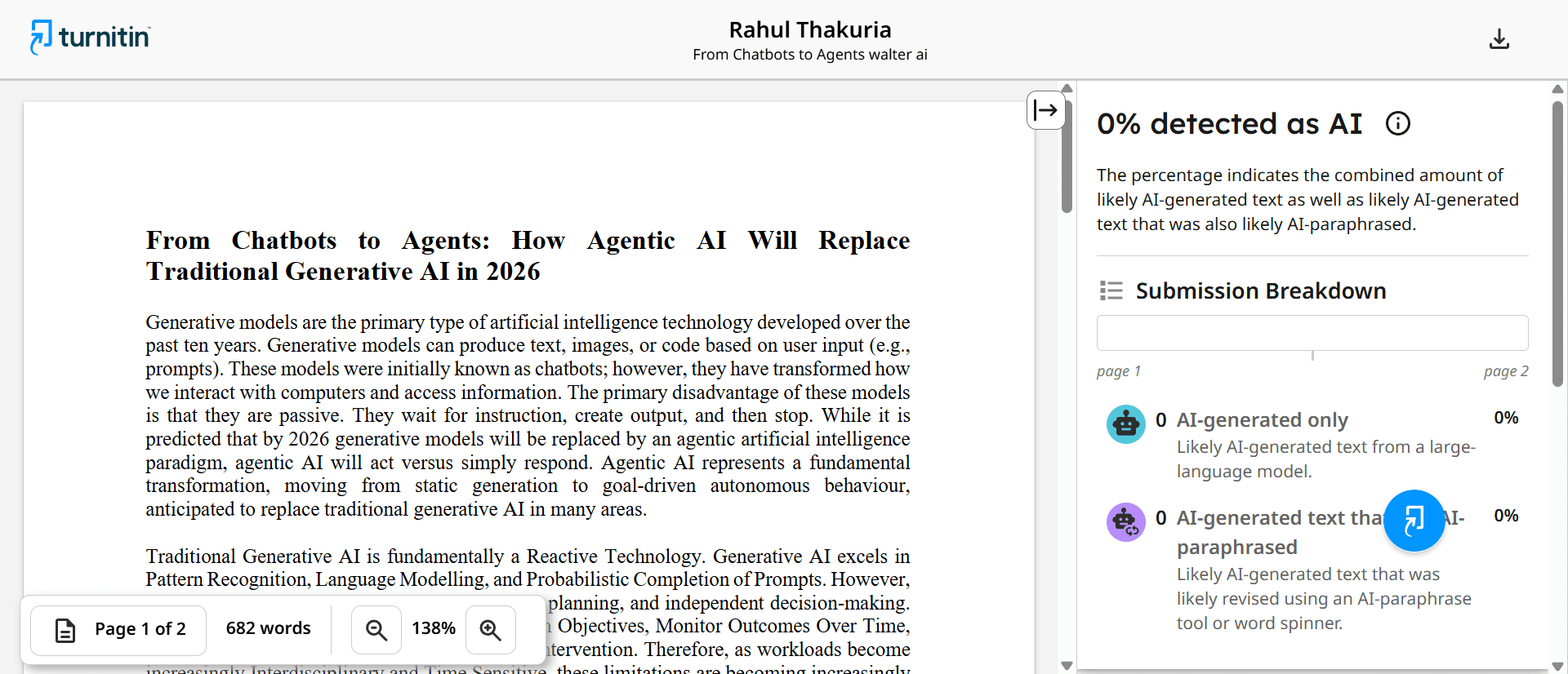 Final Turnitin report showing 0% AI detection
