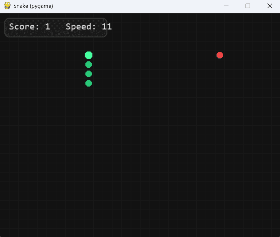 Polished snake game window generated by GPT-5.2 Auto featuring a subtle grid background and rounded snake segments.