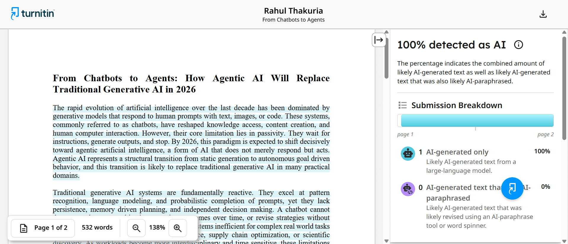 Turnitin AI detection result showing 100% AI score