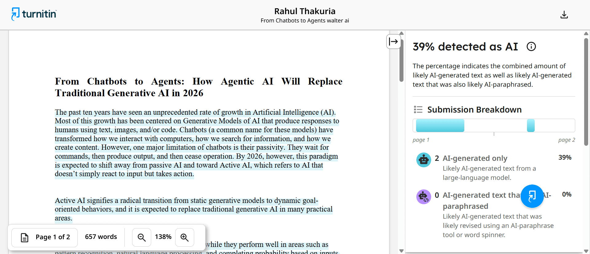 Turnitin result showing 39% AI score after Enhanced rewrite
