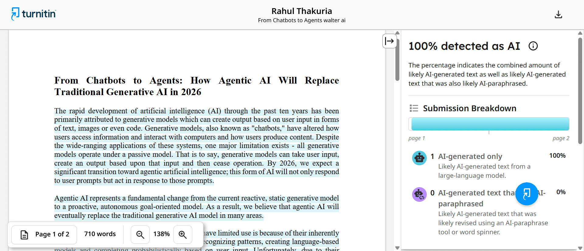 Turnitin result showing 100% AI detection after Simple rewrite