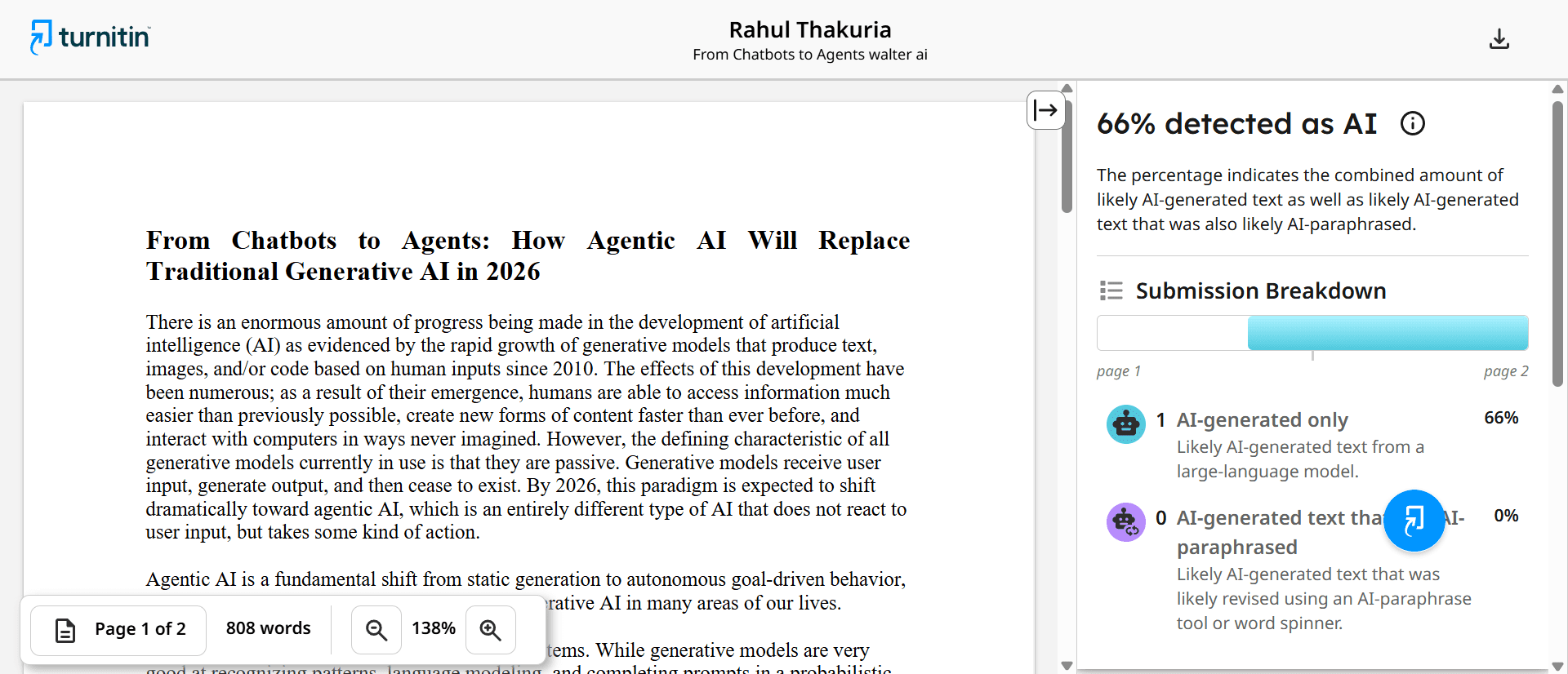Turnitin result showing 66% AI score after Standard rewrite