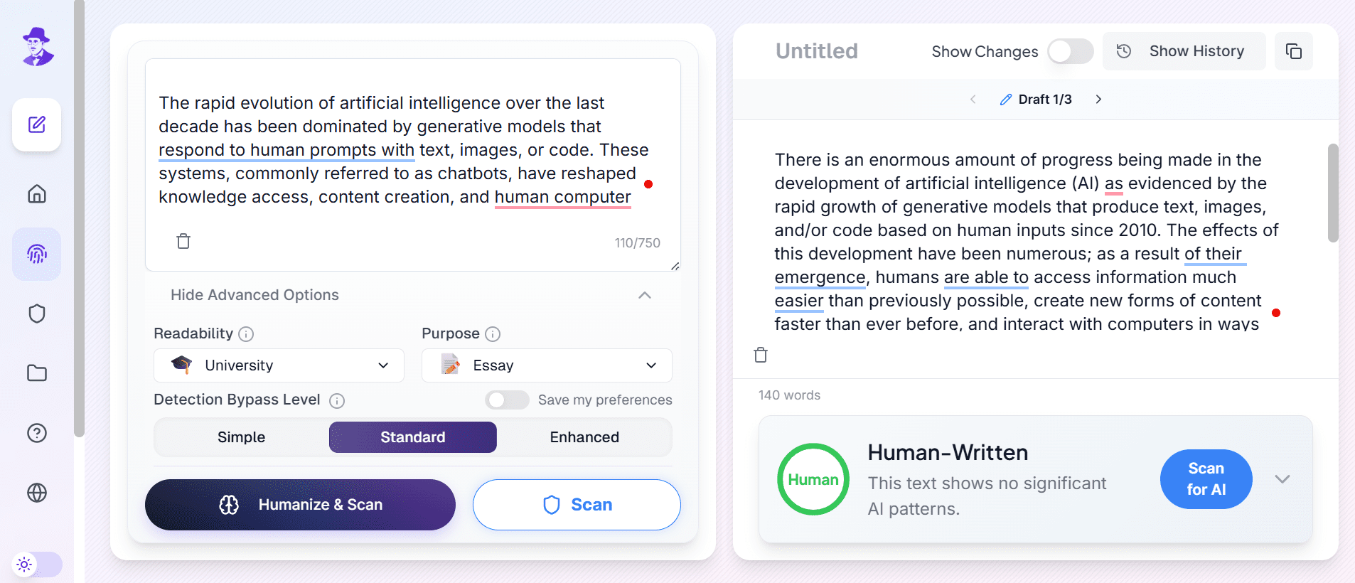 Walter Writes AI settings set to Standard mode